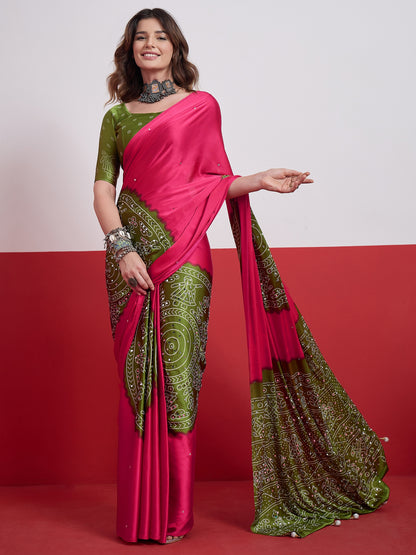 Pink & Green Mirror Crepe Silk Ready To Wear/Easy Saree by Stylebypanaash 
