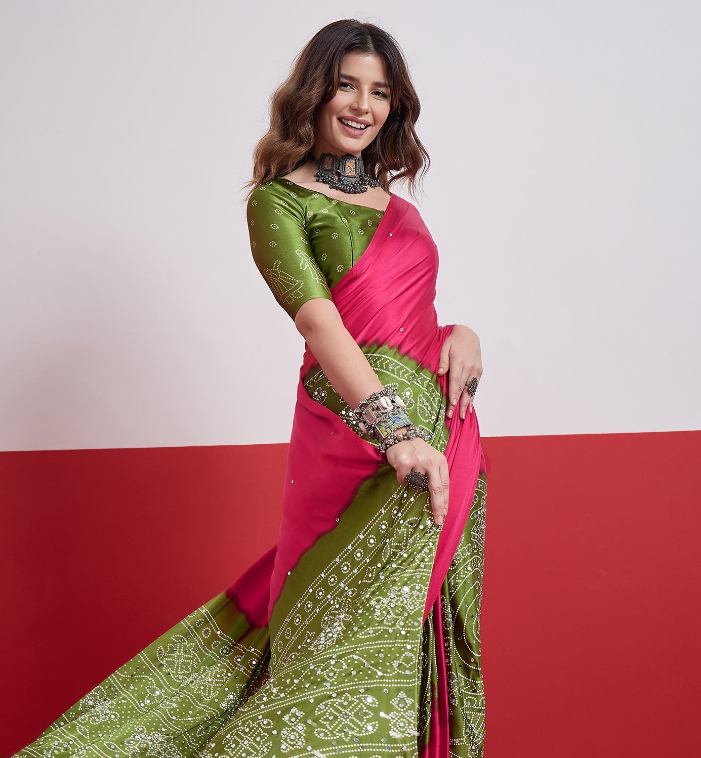 Pink & Green Mirror Crepe Silk Ready To Wear/Easy Saree by Stylebypanaash