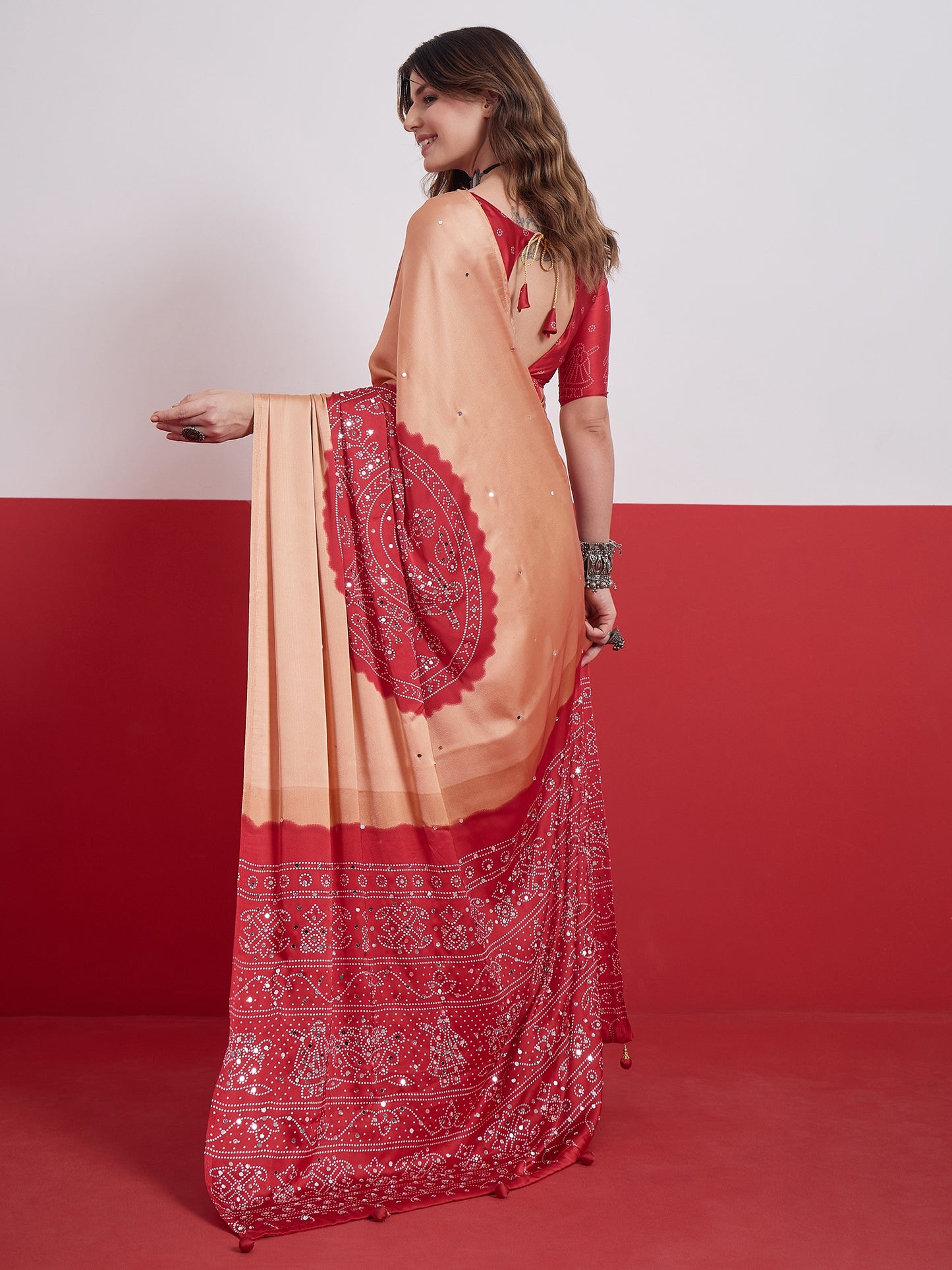 Peach & Red Mirror Crepe Silk Ready To Wear/Easy Saree by Stylebypanaash 