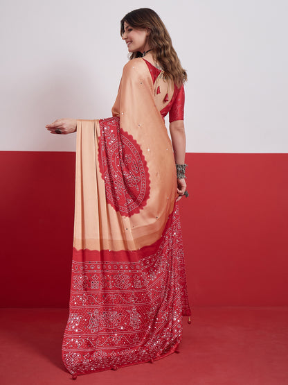 Peach & Red Mirror Crepe Silk Ready To Wear/Easy Saree by Stylebypanaash 