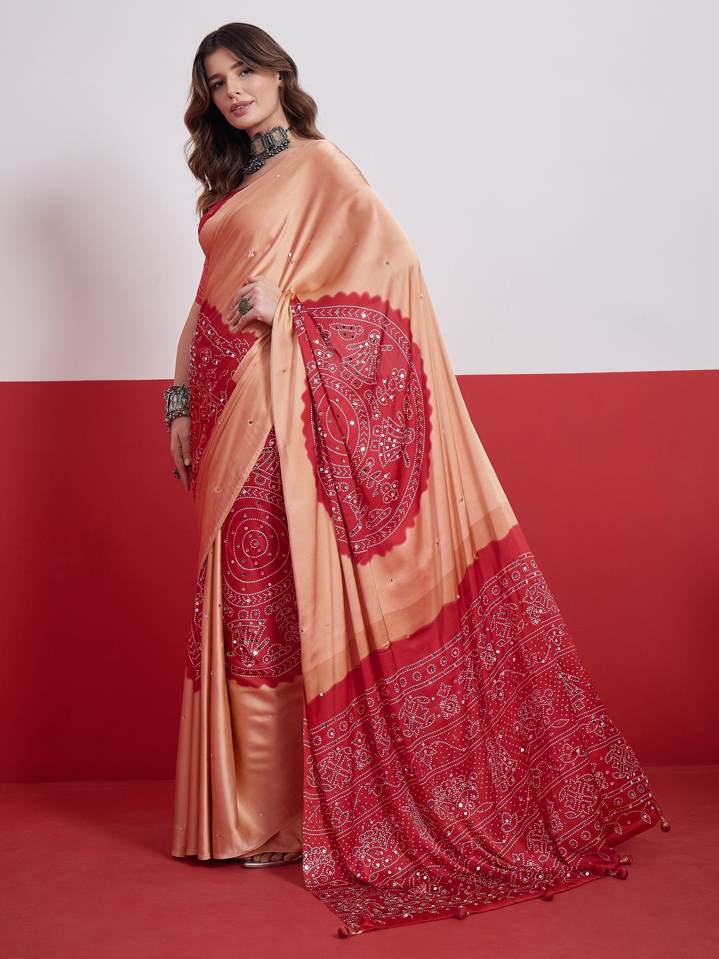 Peach & Red Mirror Crepe Silk Ready To Wear/Easy Saree by Stylebypanaash 