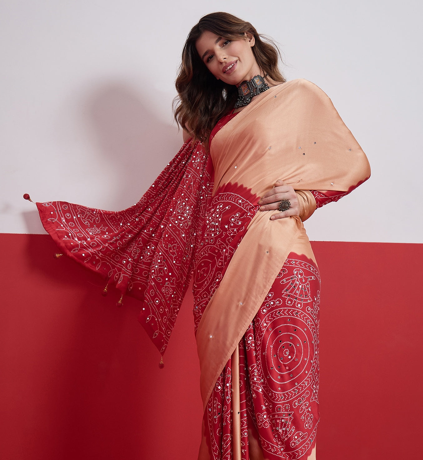 Peach & Red Mirror Crepe Silk Ready To Wear/Easy Saree by Stylebypanaash 