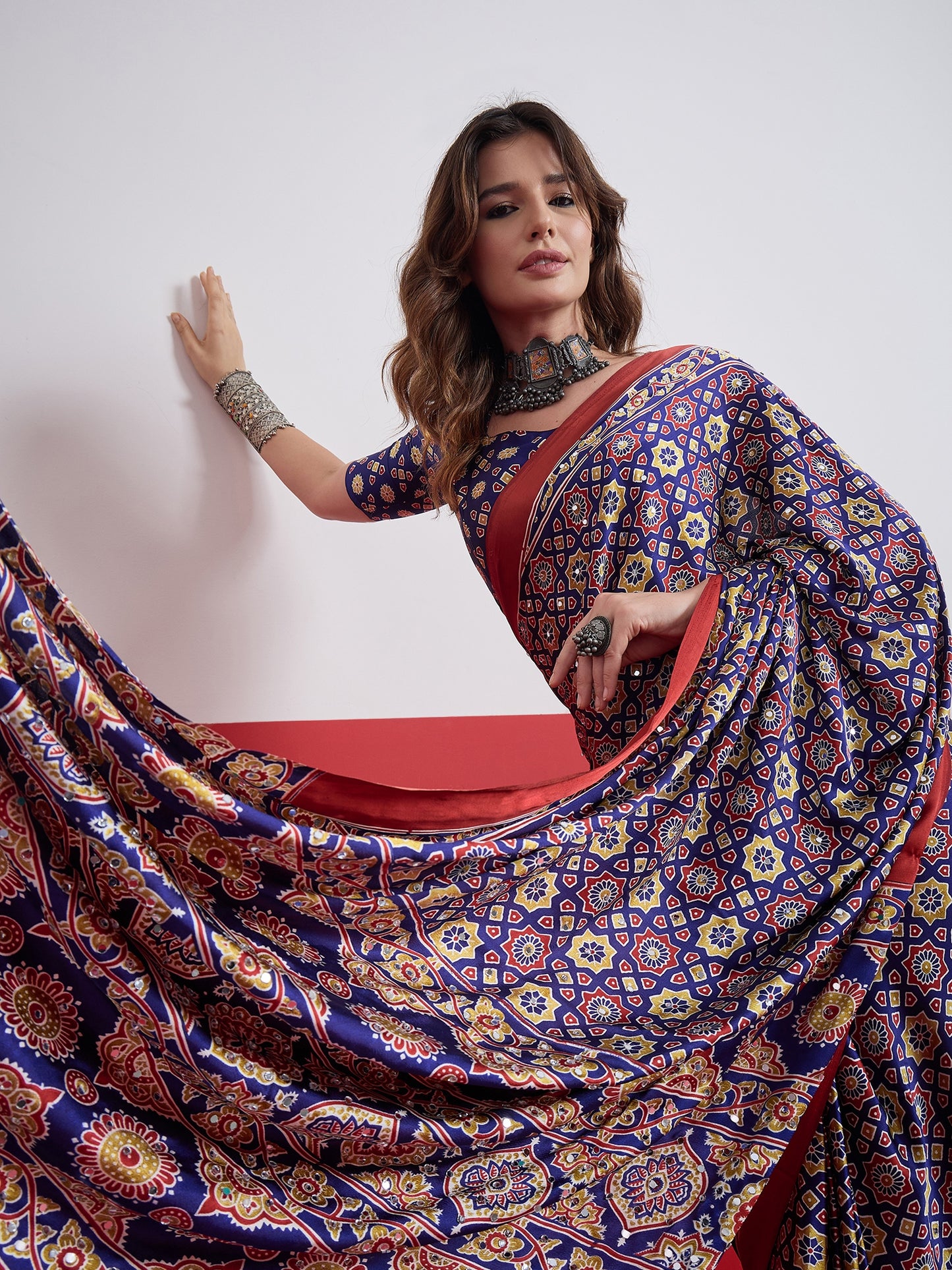 Royal Blue Mirror Crepe Silk Ready To Wear/Easy Saree by Stylebypanaash 