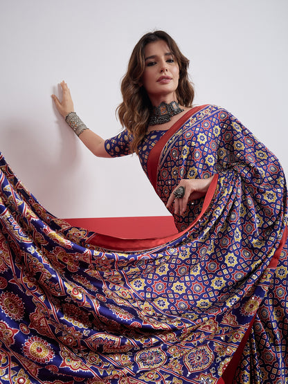 Royal Blue Mirror Crepe Silk Ready To Wear/Easy Saree by Stylebypanaash 