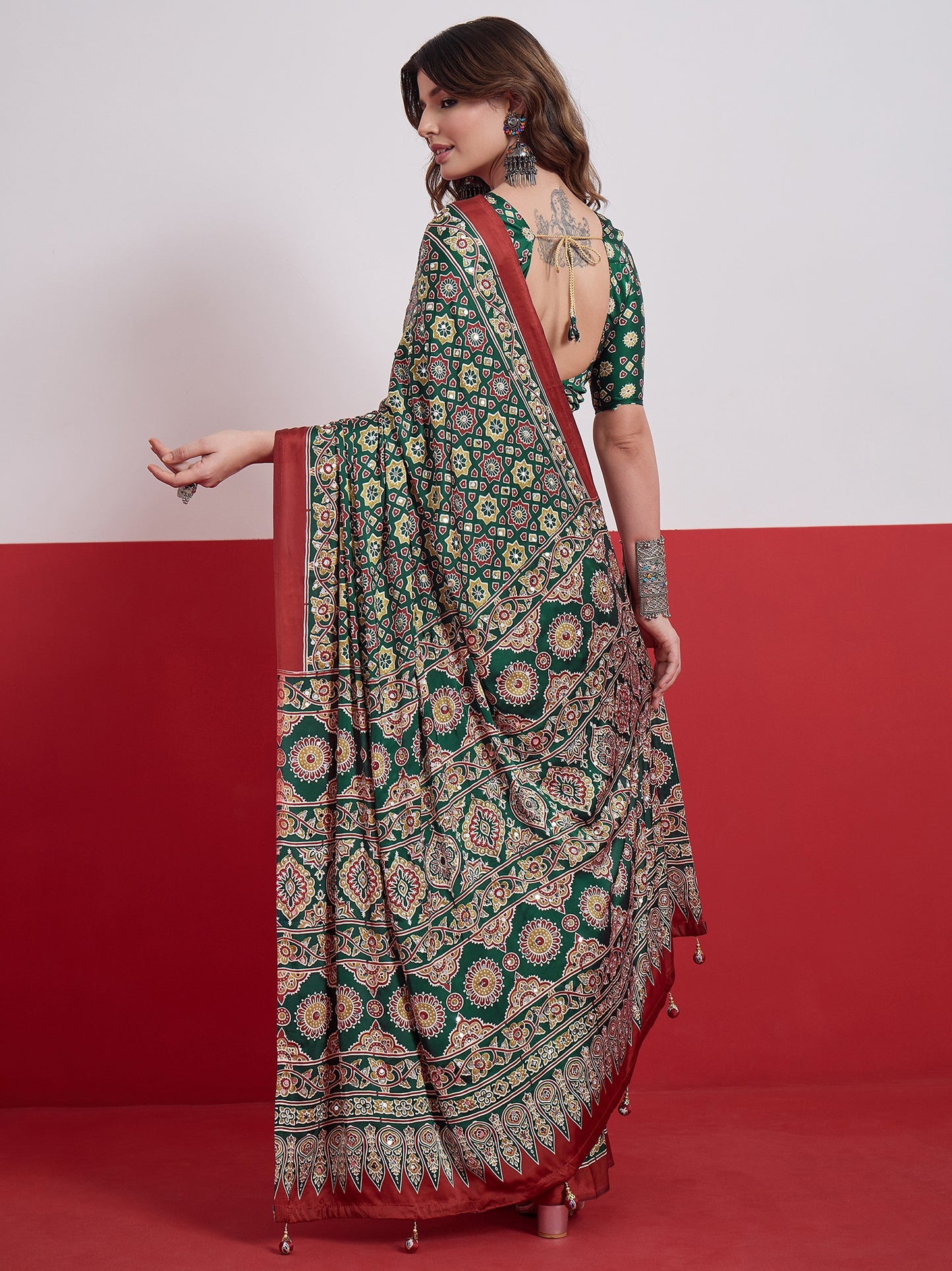Green Mirror Crepe Silk Ready To Wear/Easy Saree by Stylebypanaash 