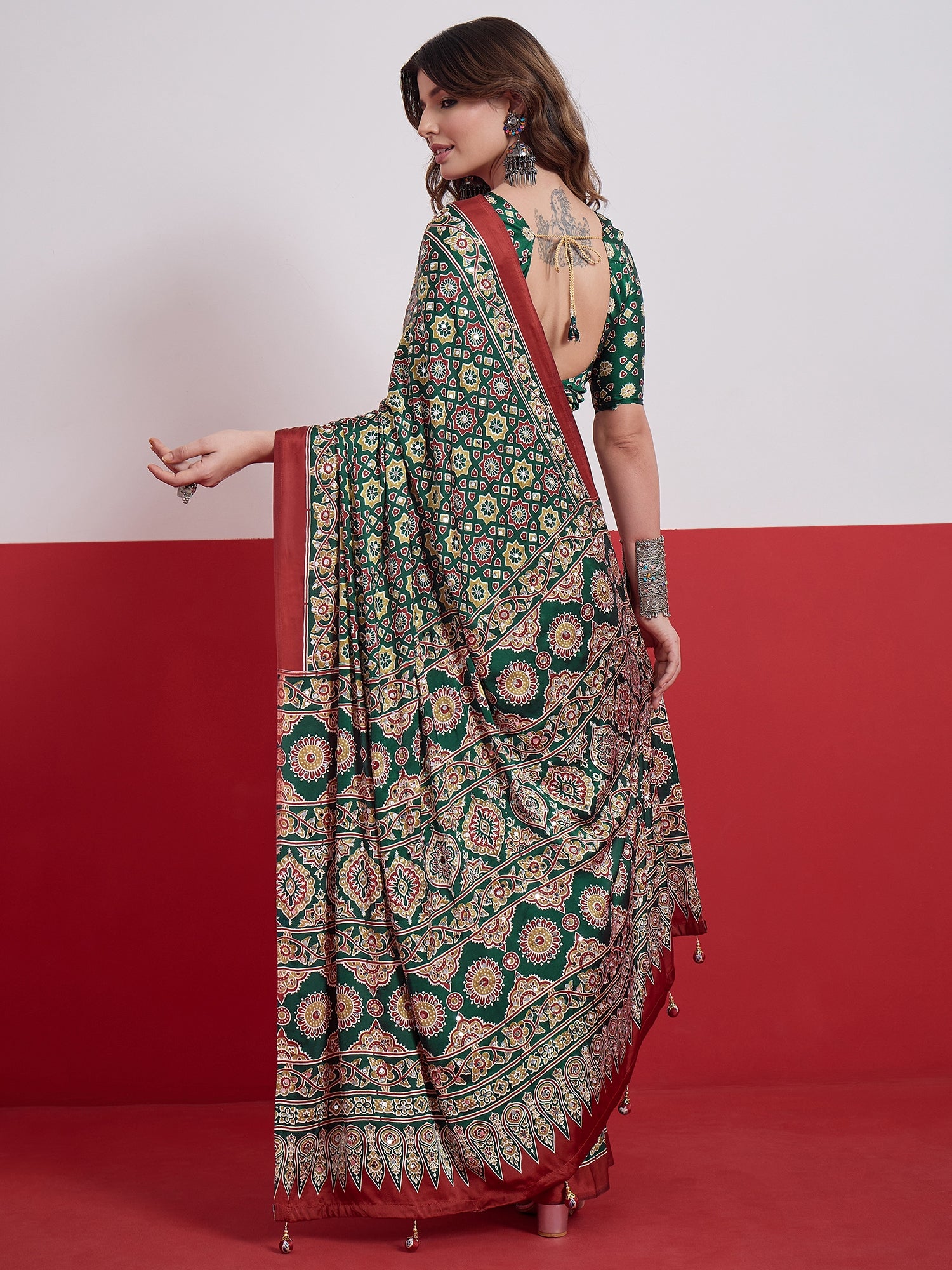 Green Mirror Crepe Silk Ready To Wear/Easy Saree by Stylebypanaash 