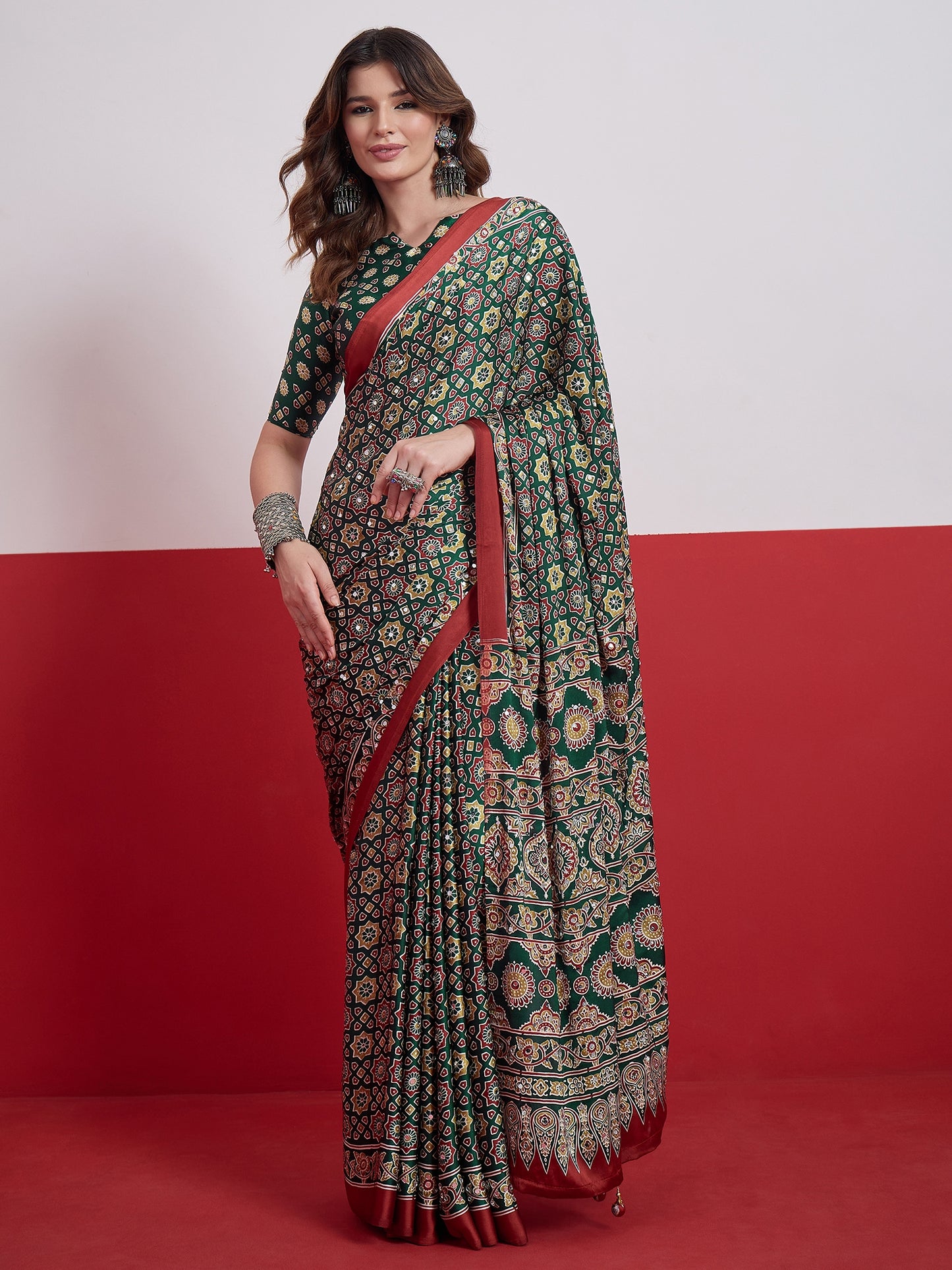 Green Mirror Crepe Silk Ready To Wear/Easy Saree by Stylebypanaash 