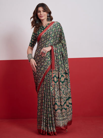 Green Mirror Crepe Silk Ready To Wear/Easy Saree by Stylebypanaash 