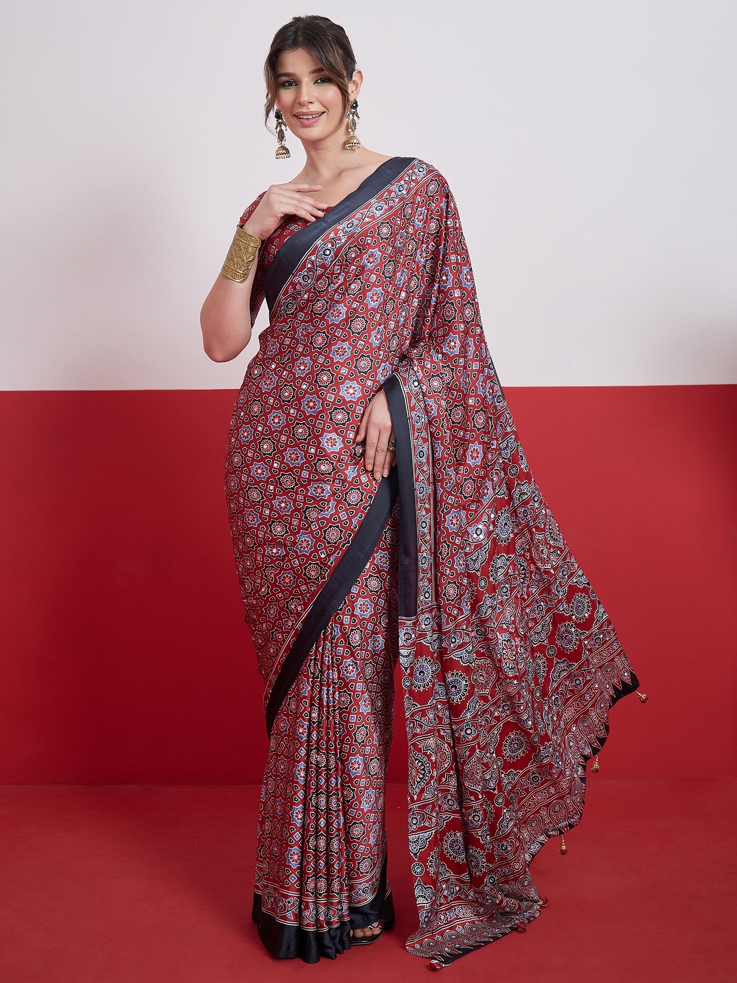Red Mirror Crepe Silk Ready To Wear/Easy Saree by Stylebypanaash 