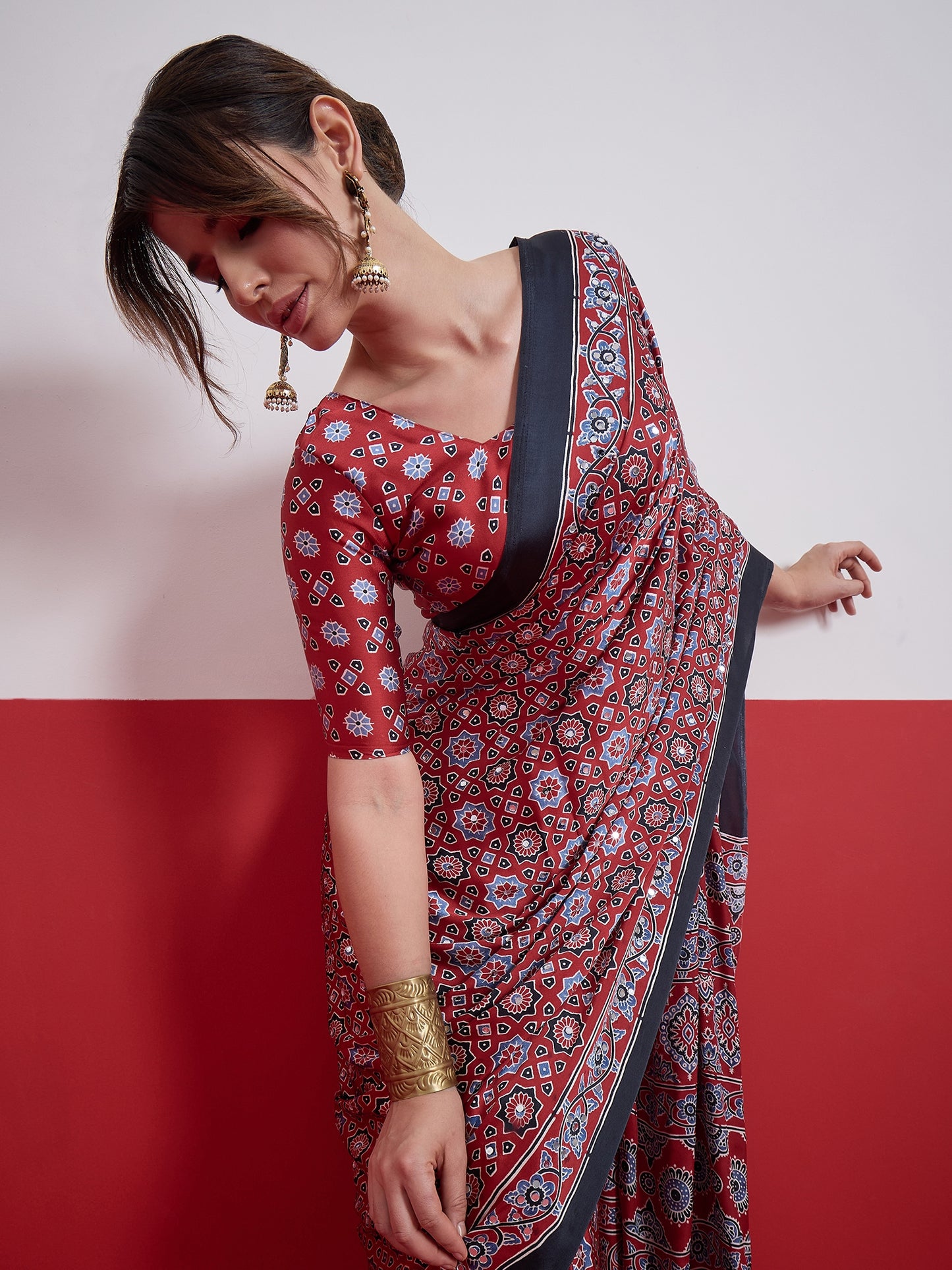 Red Mirror Crepe Silk Ready To Wear/Easy Saree by Stylebypanaash 