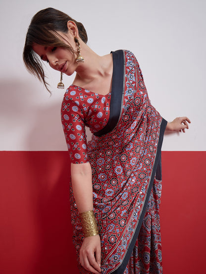 Red Mirror Crepe Silk Ready To Wear/Easy Saree by Stylebypanaash 