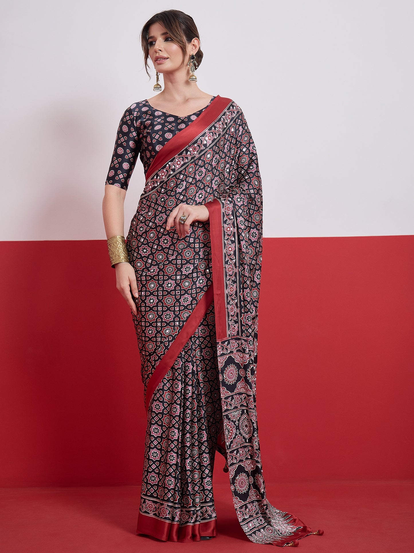 Black Mirror Crepe Silk Ready To Wear/Easy Saree by Stylebypanaash 