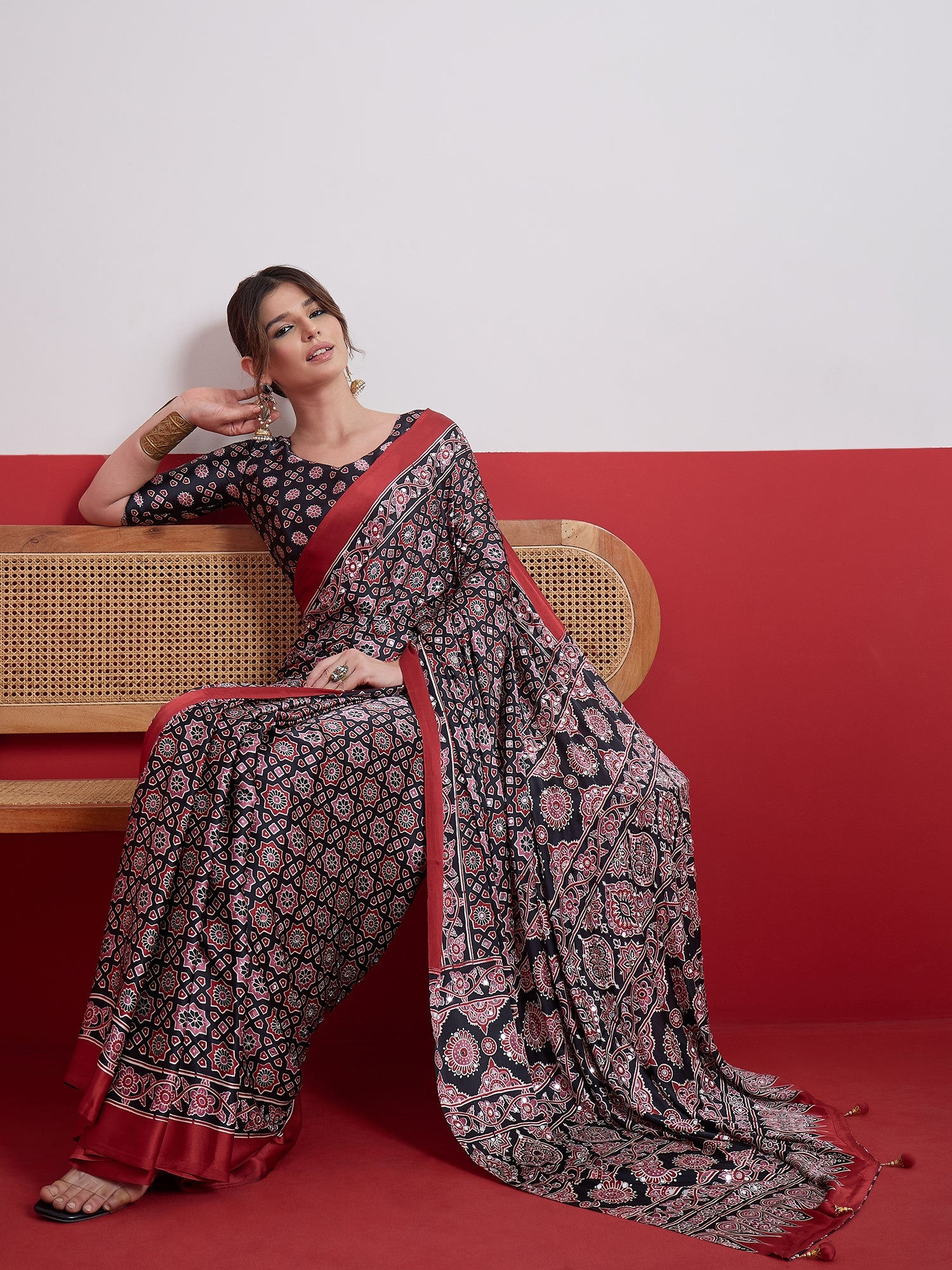 Black Mirror Crepe Silk Ready To Wear/Easy Saree by Stylebypanaash 