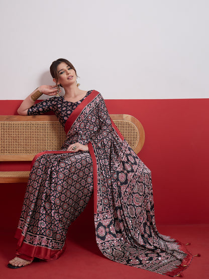 Black Mirror Crepe Silk Ready To Wear/Easy Saree by Stylebypanaash 