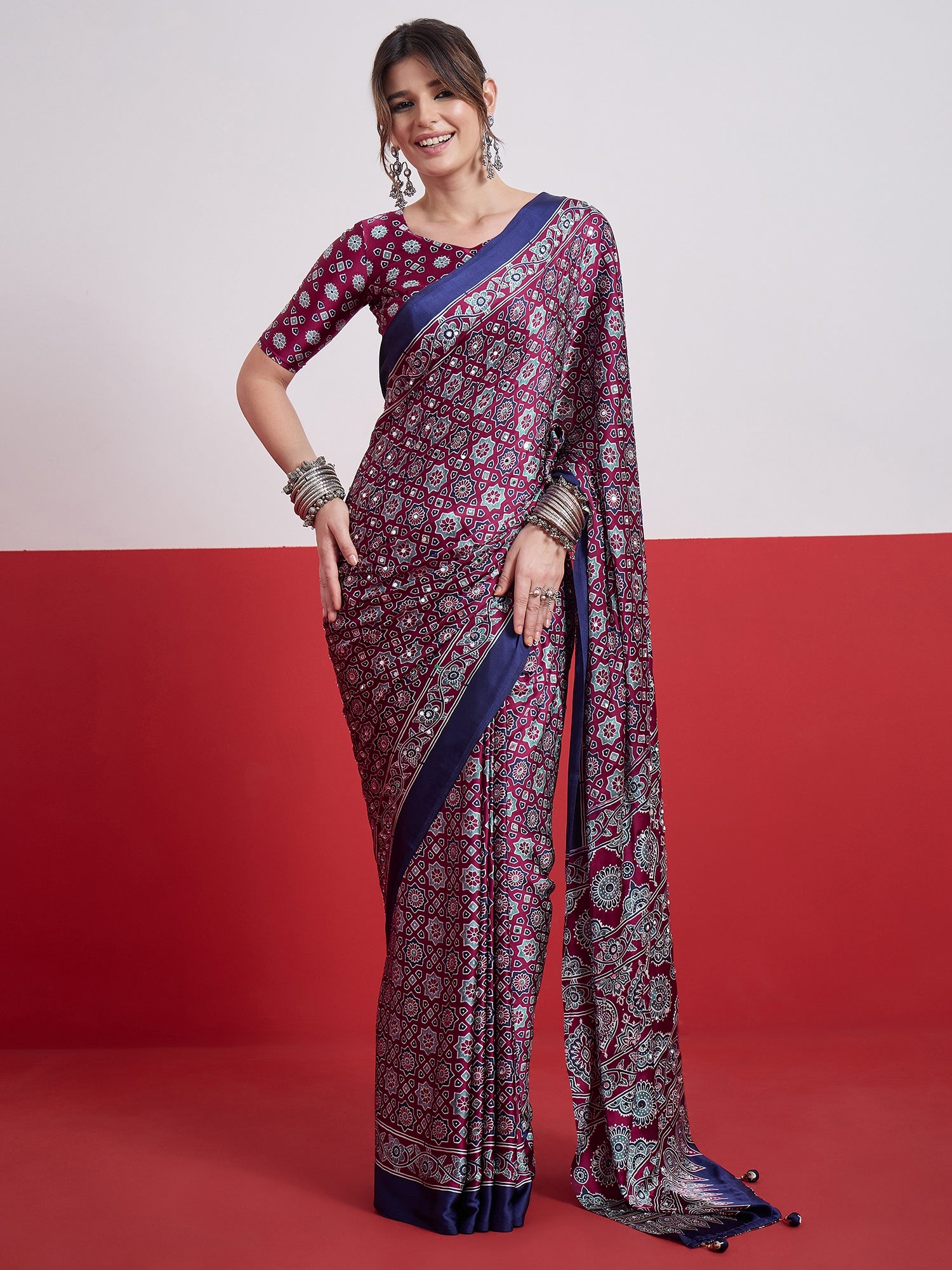 Magenta Mirror Crepe Silk Ready To Wear/Easy Saree by Stylebypanaash 