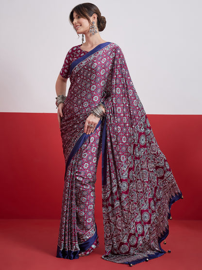 Magenta Mirror Crepe Silk Ready To Wear/Easy Saree by Stylebypanaash 