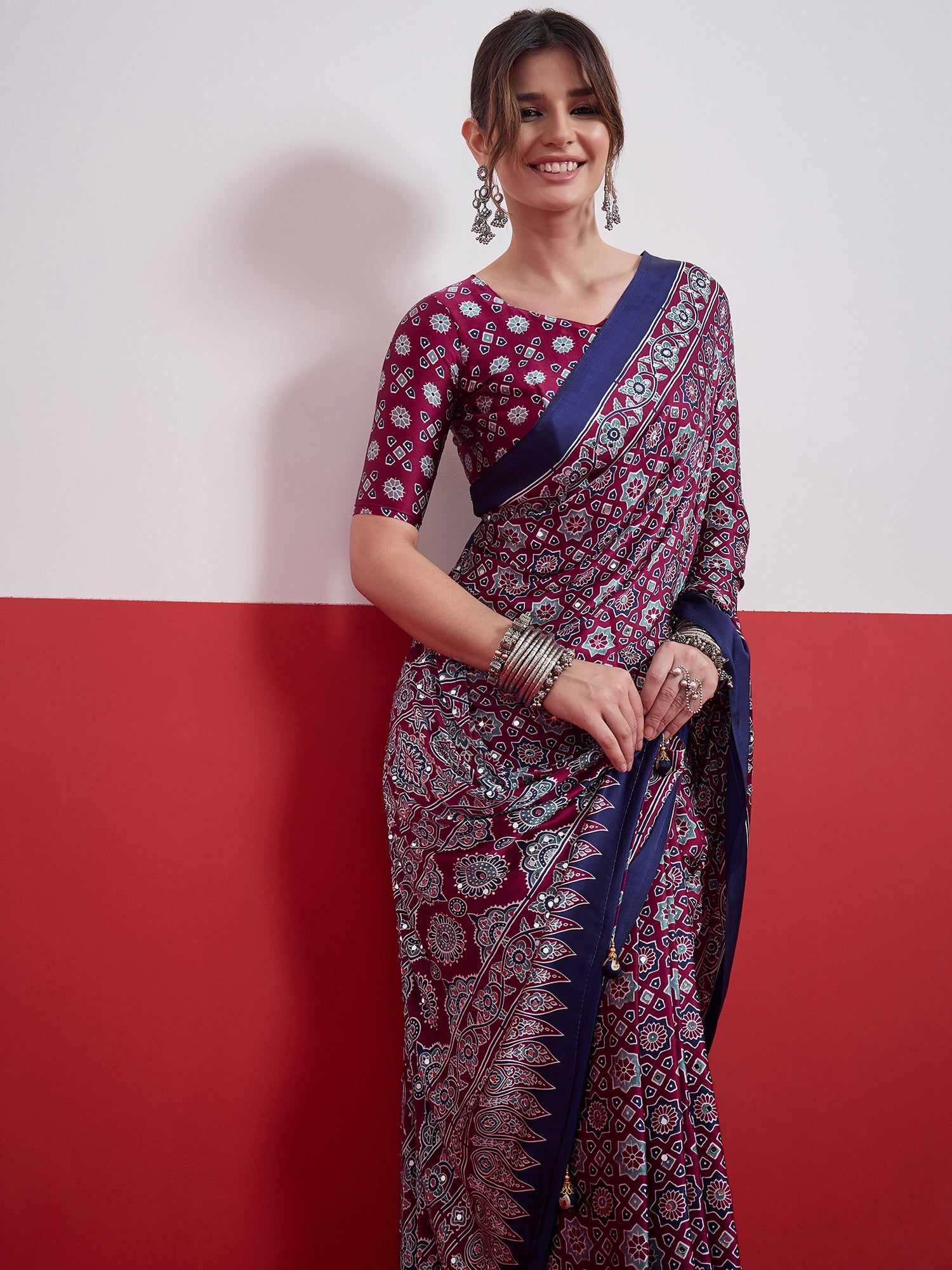 Magenta Mirror Crepe Silk Ready To Wear/Easy Saree by Stylebypanaash 