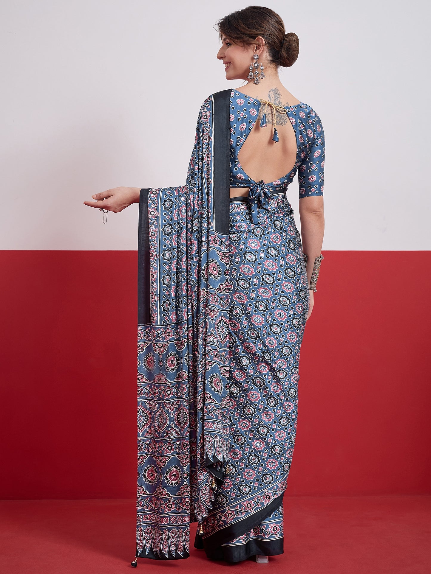 Blue Mirror Crepe Silk Ready To Wear/Easy Saree by Stylebypanaash  