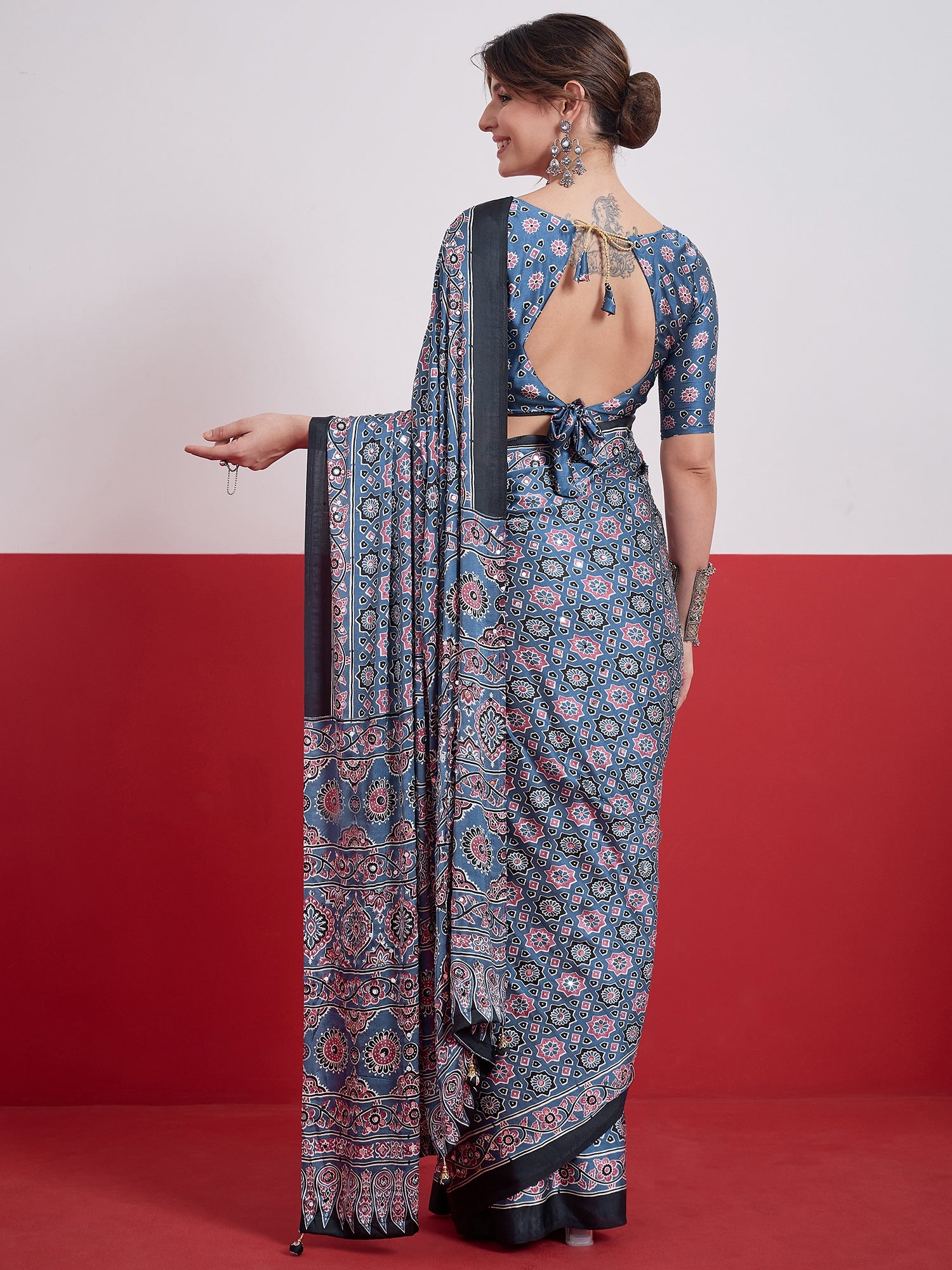Blue Mirror Crepe Silk Ready To Wear/Easy Saree by Stylebypanaash  