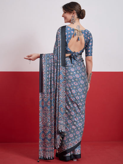 Blue Mirror Crepe Silk Ready To Wear/Easy Saree by Stylebypanaash  