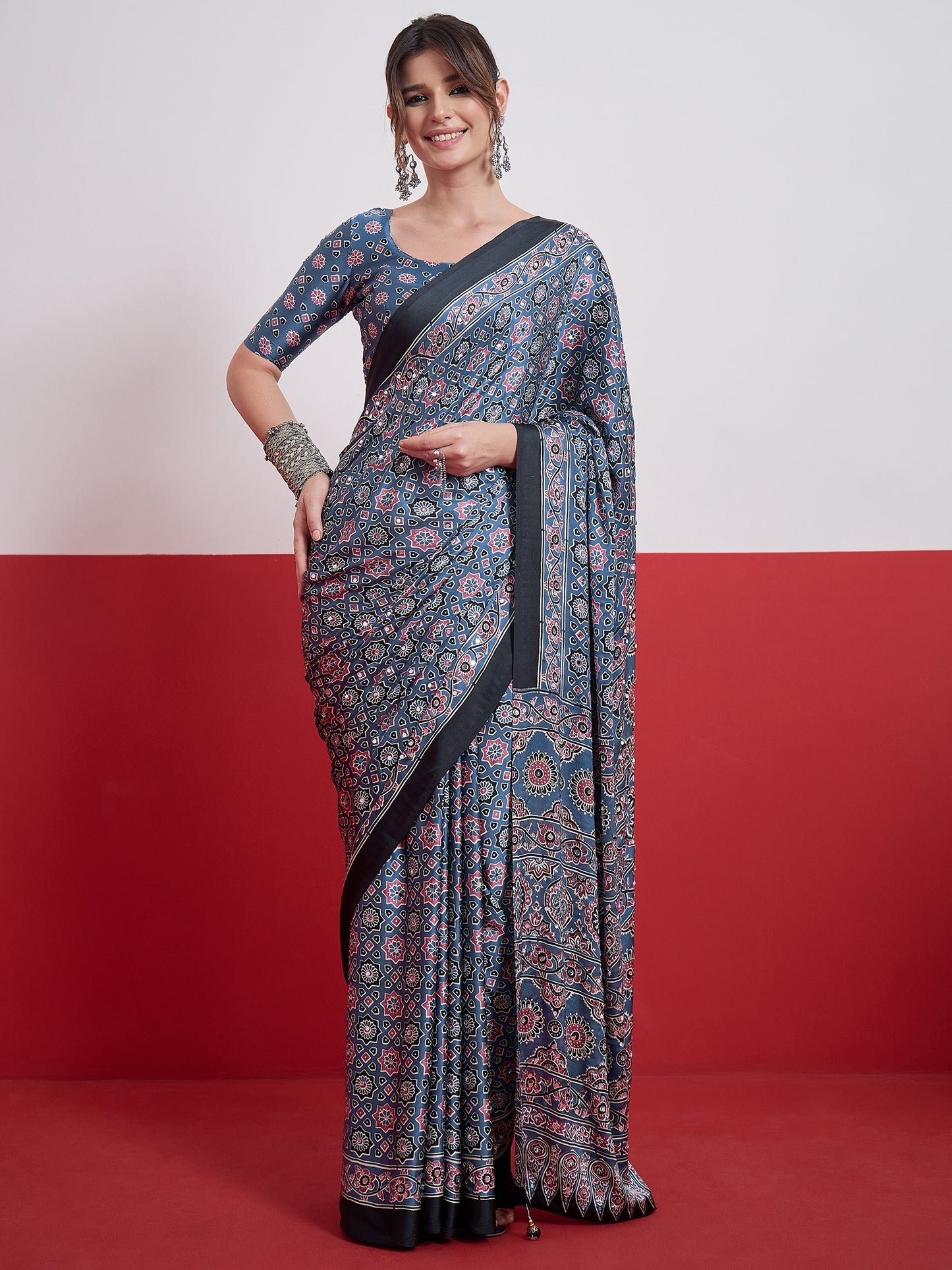 Blue Mirror Crepe Silk Ready To Wear/Easy Saree by Stylebypanaash 