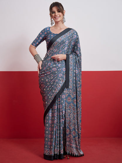 Blue Mirror Crepe Silk Ready To Wear/Easy Saree by Stylebypanaash 
