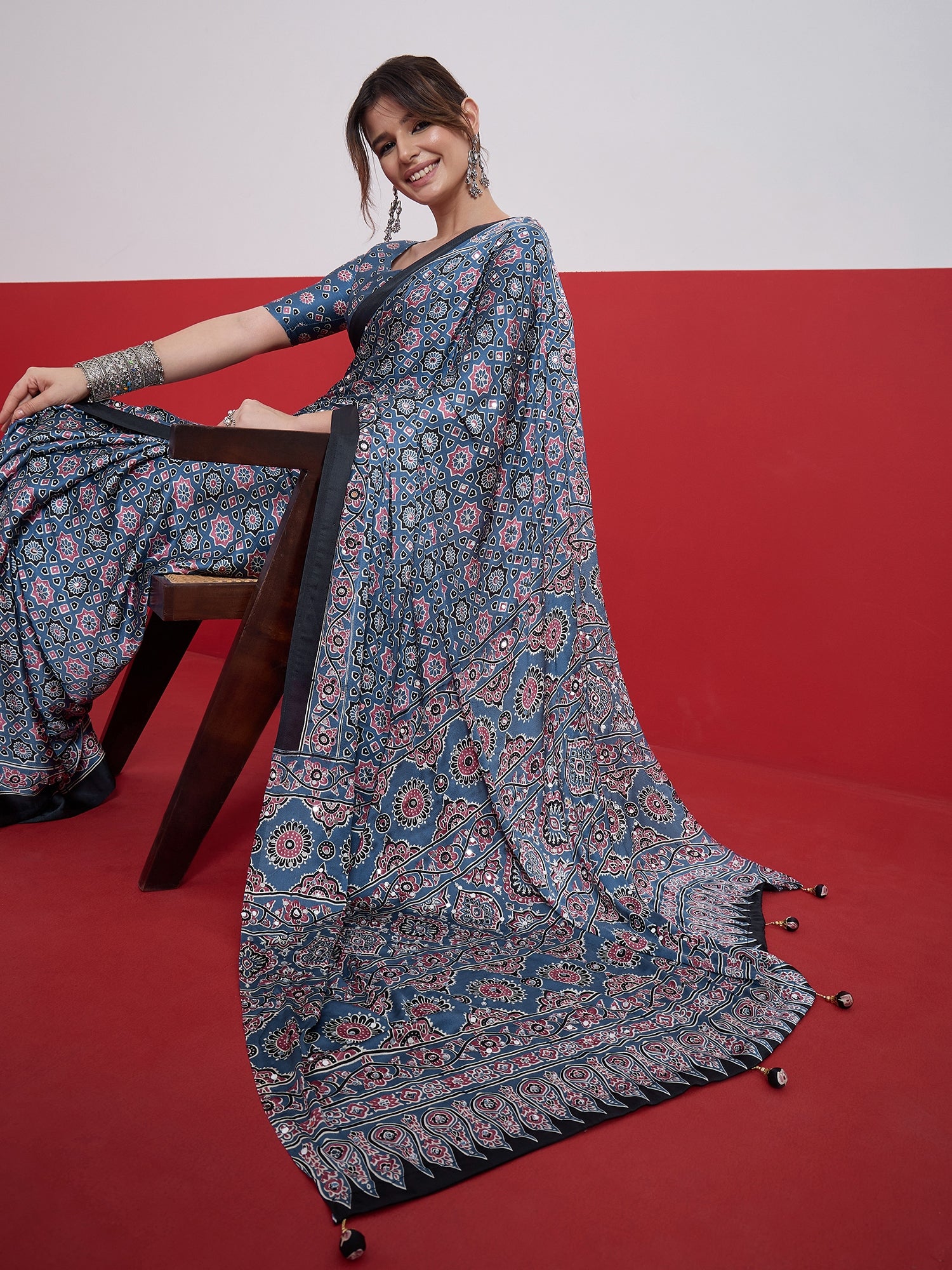 Blue Mirror Crepe Silk Ready To Wear/Easy Saree by Stylebypanaash  