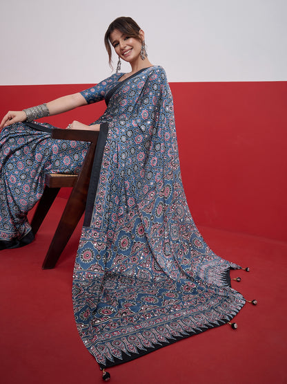 Blue Mirror Crepe Silk Ready To Wear/Easy Saree by Stylebypanaash  