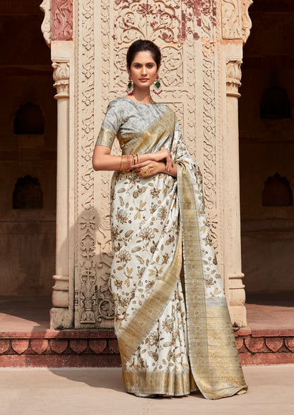 Off-White Printed Soft Silk Readymade/Easy Saree