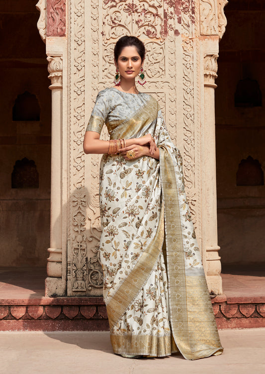 Off-White Printed Soft Silk Readymade/Easy Saree