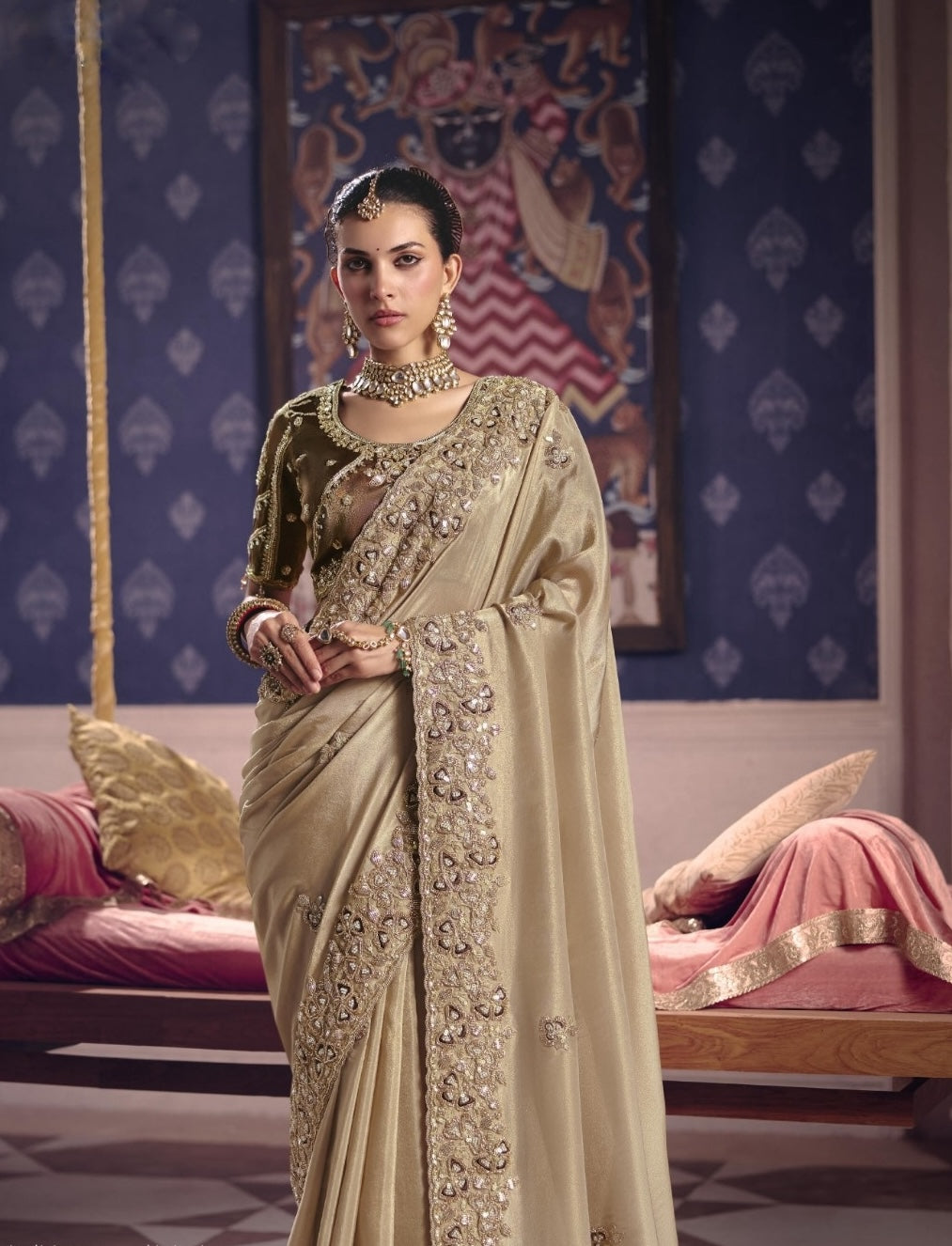 Champagne Beige Designer Silk Ready To Wear/Easy Saree by Stylebypanaash