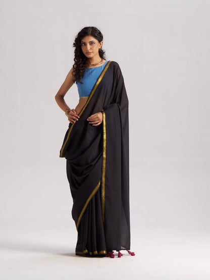 Black Mul Cotton Casual Ready To Wear/Easy Saree