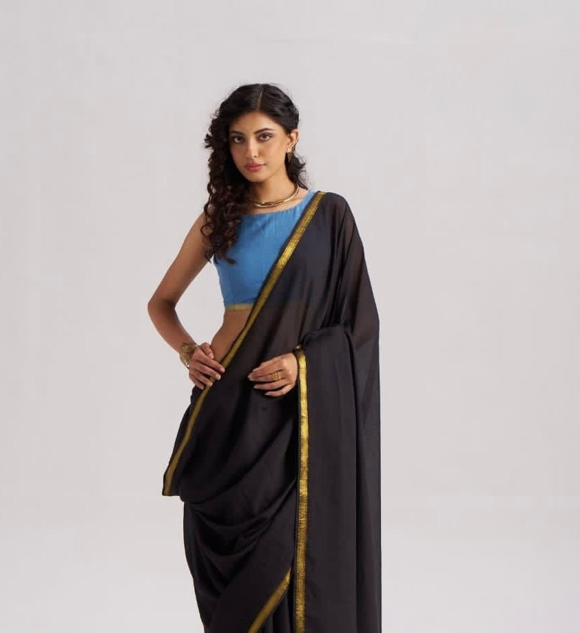 Black Mul Cotton Casual Ready To Wear/Easy Saree