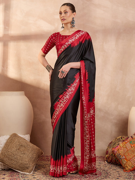 Black Crepe Silk Ready To Wear/Easy Saree - Panaash Saree