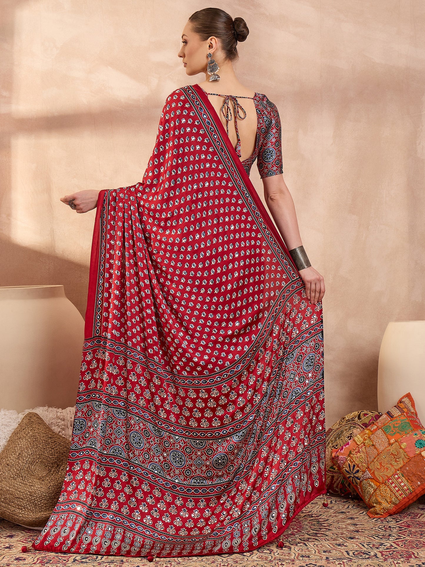 Red Mirror Crepe Silk Ready To Wear/Easy Saree