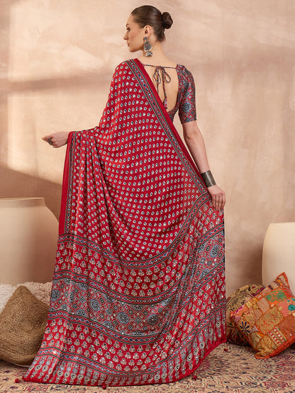 Red Mirror Crepe Silk Ready To Wear/Easy Saree
