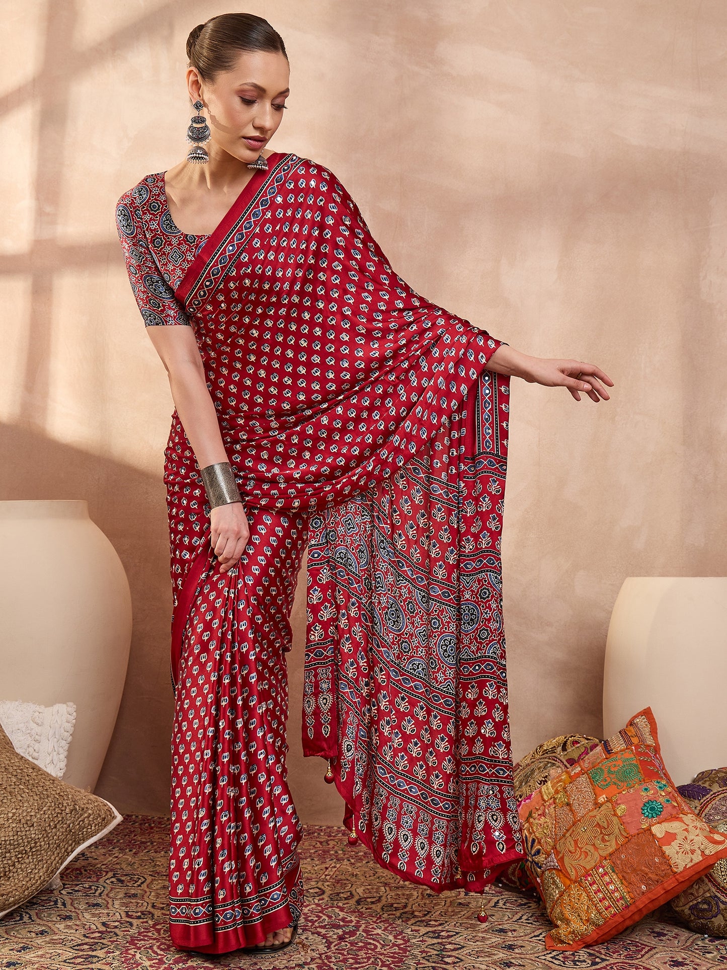 Red Mirror Crepe Silk Ready To Wear/Easy Saree
