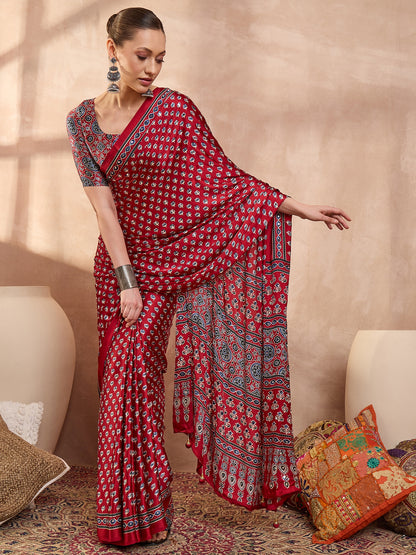 Red Mirror Crepe Silk Ready To Wear/Easy Saree