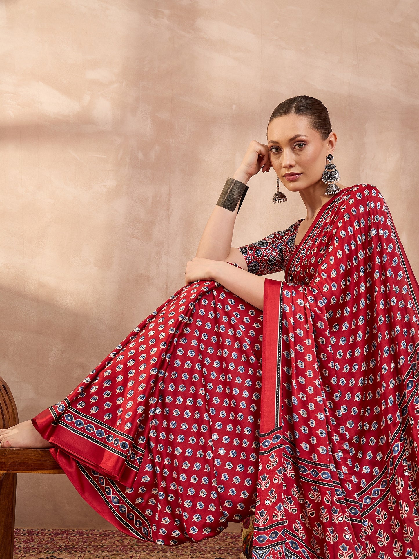 Red Mirror Crepe Silk Ready To Wear/Easy Saree