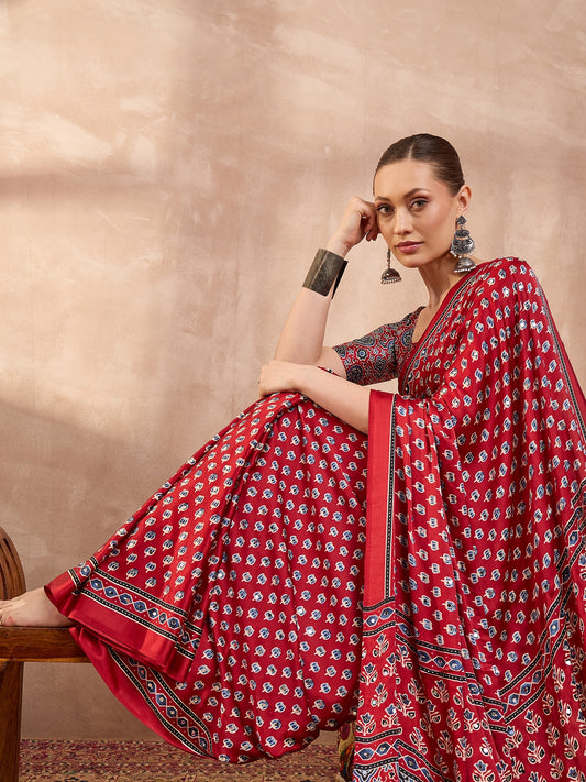 Red Mirror Crepe Silk Ready To Wear/Easy Saree
