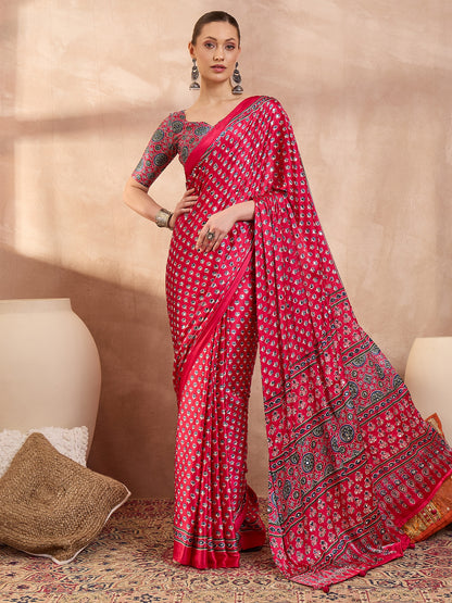 Fuchsia Pink Mirror Crepe Silk Ready To Wear/Easy Saree