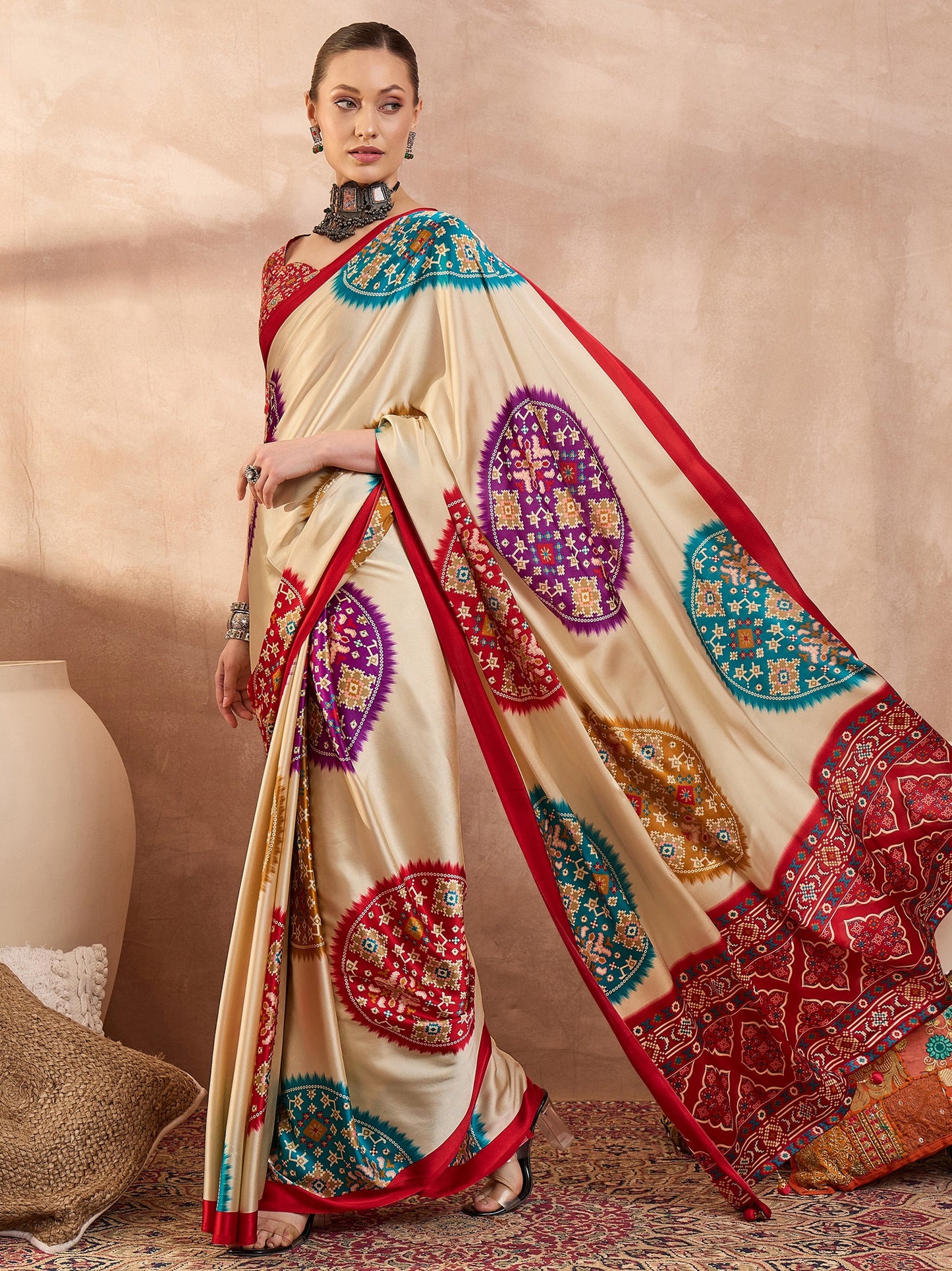 Red Crepe Silk Ready To Wear/Easy Saree