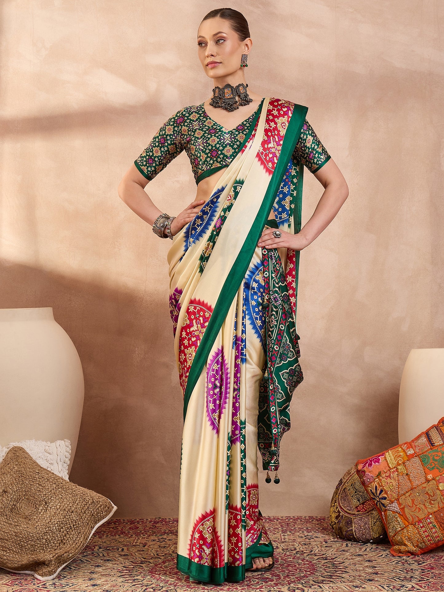 Green Crepe Silk Ready To Wear/Easy Saree