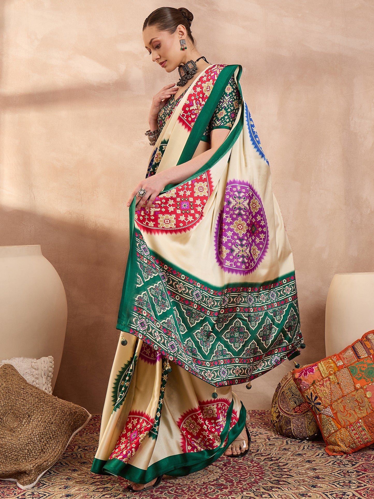 Green Crepe Silk Ready To Wear/Easy Saree