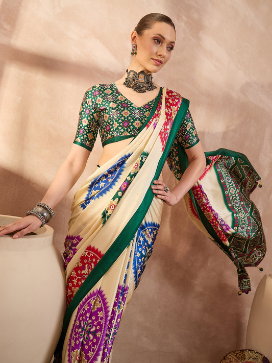 Green Crepe Silk Ready To Wear/Easy Saree