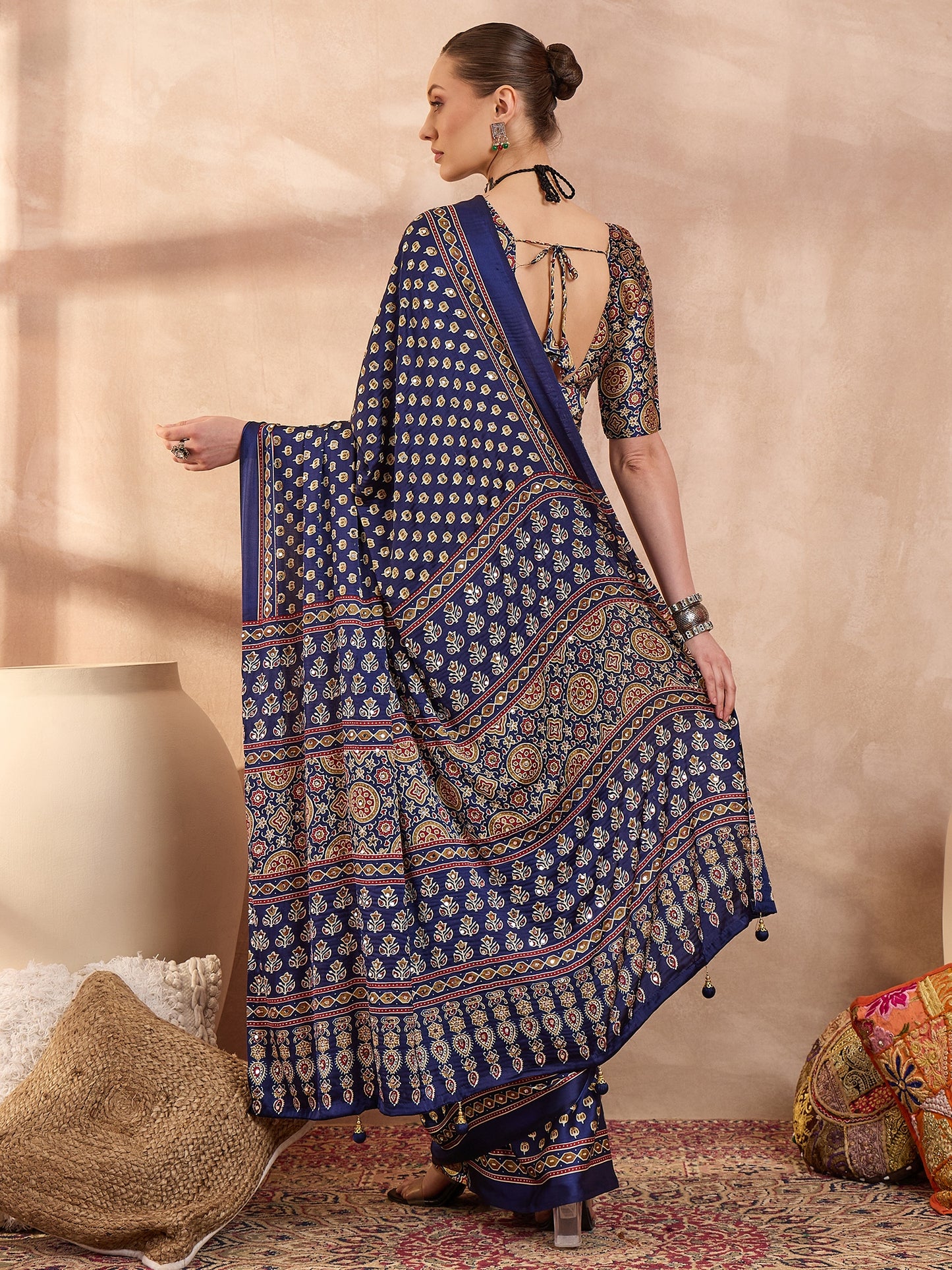 Navy Blue Mirror Crepe Silk Ready To Wear/Easy Saree