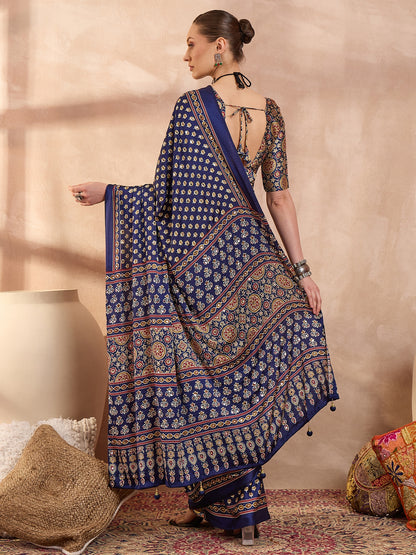Navy Blue Mirror Crepe Silk Ready To Wear/Easy Saree