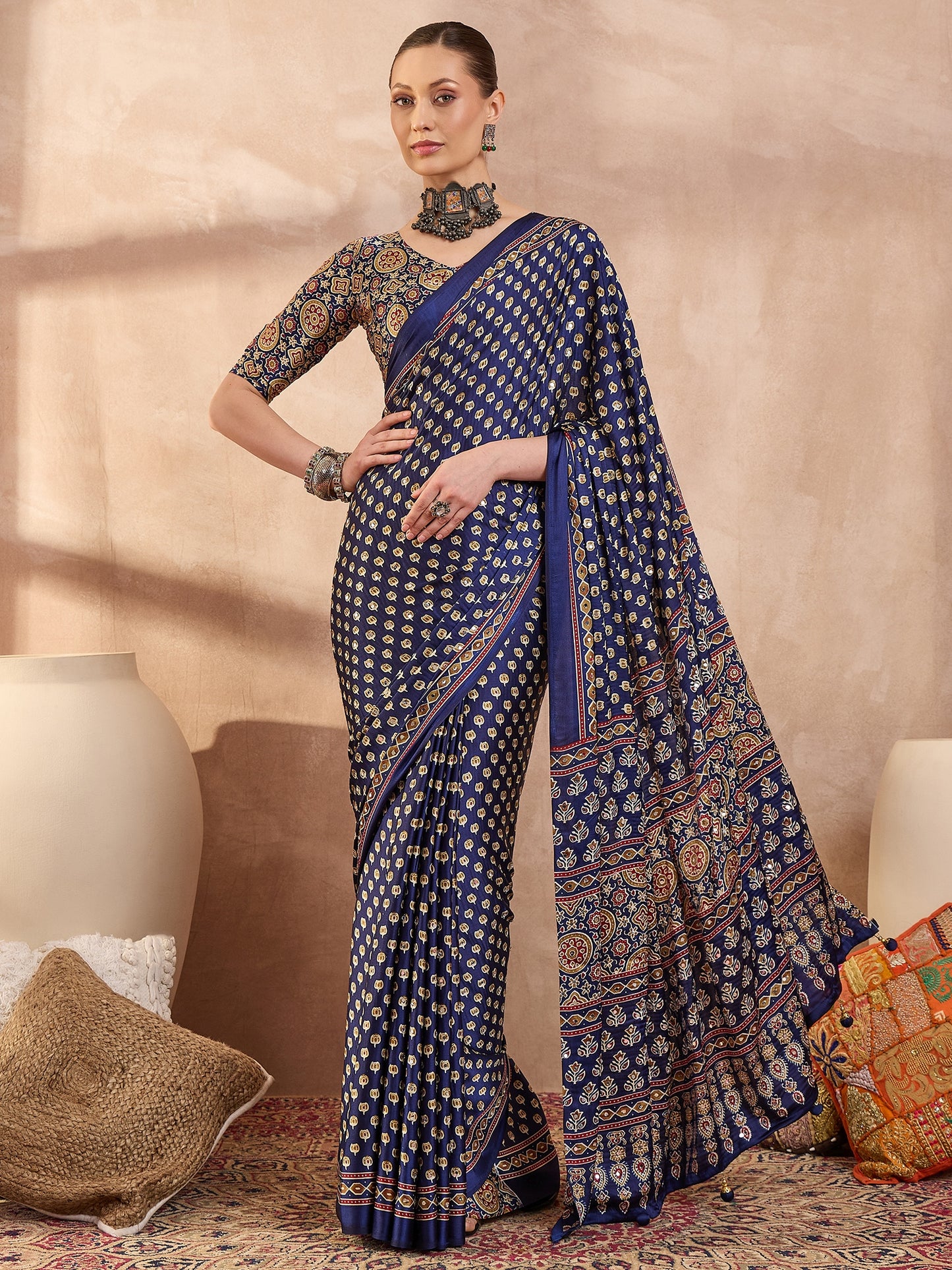 Navy Blue Mirror Crepe Silk Ready To Wear/Easy Saree