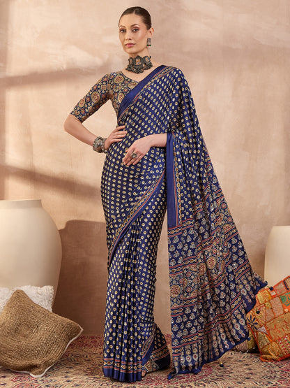 Navy Blue Mirror Crepe Silk Ready To Wear/Easy Saree