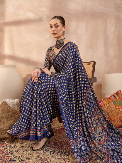 Navy Blue Mirror Crepe Silk Ready To Wear/Easy Saree